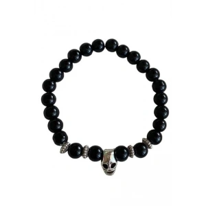 Siyah Renk Boncuk Detaylı Kuru Kafa Figürlü Erkek Bileklik