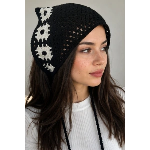 Siyah Renk Çiçek Desenli Örgü Saç Bandana