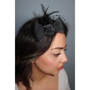 Siyah Renk Çiçek Detaylı Küçük Boy Nikah Şapkası/Vualet Şapka