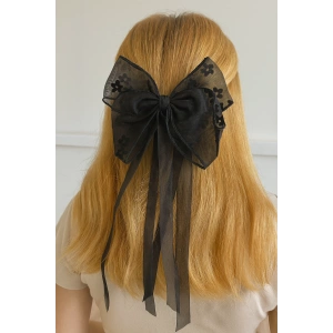 Siyah Renk Çiçek Detaylı Kurdele Otomat Toka