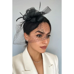 Siyah Renk Çiçek Detaylı Nikah Şapkası/Vualet Şapka