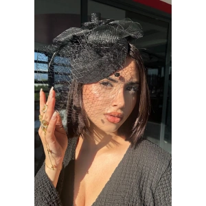 Siyah Renk Çiçek Detaylı Nikah Şapkası/Vualet Şapka