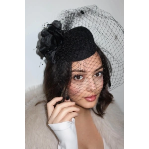 Siyah Renk Çiçek Detaylı Nikah Şapkası/Vualet Şapka