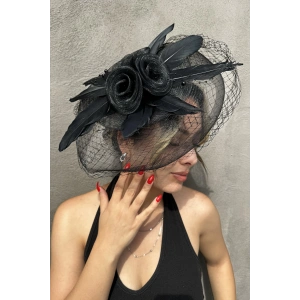 Siyah Renk Çiçek Detaylı Nikah Şapkası/Vualet Şapka