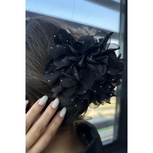 Siyah Renk Çiçek Figürlü Taş Detaylı Mandal Toka