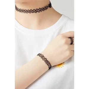 Siyah Renk Elastik Choker Kolye | Bileklik Ve Yüzük Set