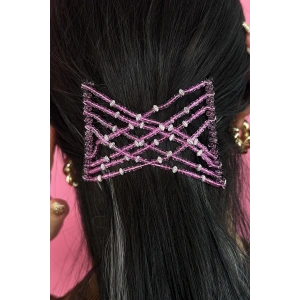 Siyah Renk Fuşya Boncuk Detaylı Tel Tarak Toka