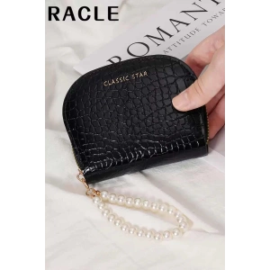 Siyah Renk İnci Detaylı Deri Kadın Cüzdan/Kartlık