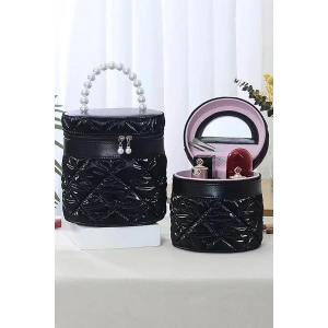 Siyah Renk İnci Detaylı Makyaj Ve Kişisel Bakım Çantası