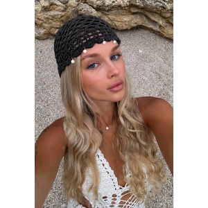 Siyah Renk İnci Detaylı Örgü Saç Bandana