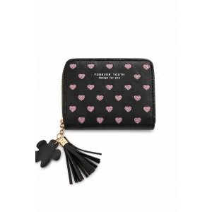 Siyah Renk Kalp Detaylı Deri Kadın Cüzdan