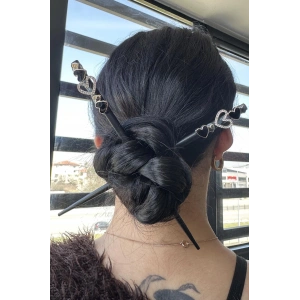 Siyah Renk Kalp Figürlü İkili Topuz Tokası/ Kalemi