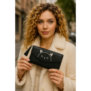 Siyah Renk Kedi Figürlü Deri Kadın Cüzdan