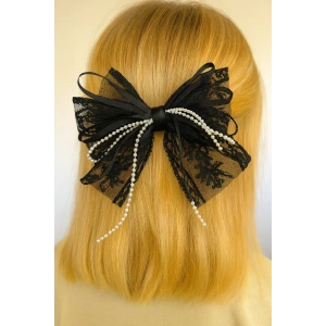 Siyah Renk Kurdele Figürlü İnci Detaylı Otomat Toka