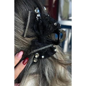 Siyah Renk Kurdele Figürlü Taş Detaylı Mandal  Toka