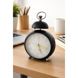 Siyah Renk Mini Dekoratif Işıklı Alarmlı Yuvarlak Masa Saati