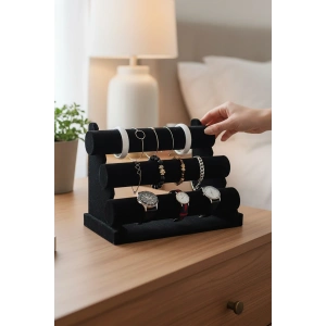 Siyah Renk Üç Katlı Süet Saat/Bileklik Takı Standı