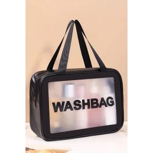 Siyah Renk Washbag Yazılı Su Geçirmez Büyük Boy Makyaj Çantası