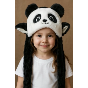 Siyah Ve Beyaz Renk Panda Figürlü Peluş Şapka