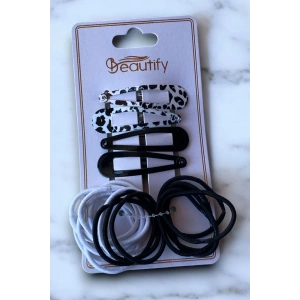 Siyah Ve Beyaz Renk Yan Toka Ve  Lastik Toka Set