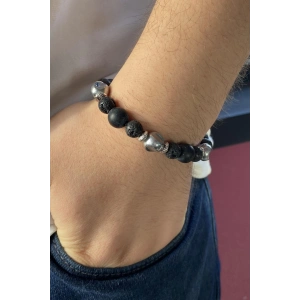 Siyah Ve Gümüş Renk Boncuk Detaylı Erkek Bileklik