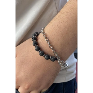 Siyah Ve Gümüş Renk Boncuk Figürlü Zincir Detaylı Erkek Bileklik