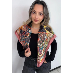 Somon Renk Karışık Desenli Saten Şal/Fular