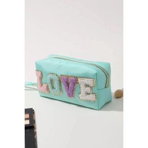Su Yeşil Renk Love Detaylı Makyaj Çantası