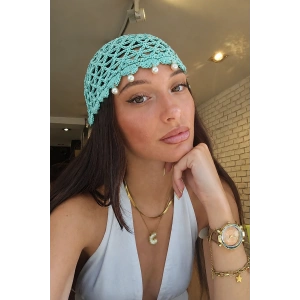 Turkuaz Renk İnci Detaylı Örgü Saç Bandana