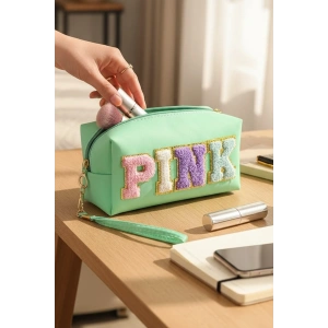Turkuaz Renk Pink Yazılı Makyaj Çantası