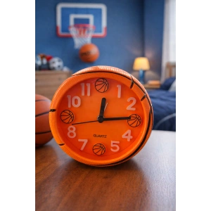 Turuncu Renk Basketbol Topu Figürlü Mini Dekoratif Alarmlı Yuvarlak Masa Saati