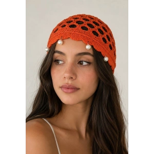 Turuncu Renk İnci Detaylı Örgü Saç Bandana