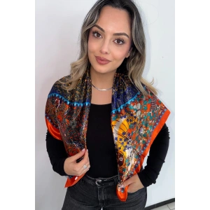 Turuncu Renk Karışık Desenli Saten Şal/Fular