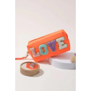 Turuncu Renk Love Detaylı Makyaj Çantası