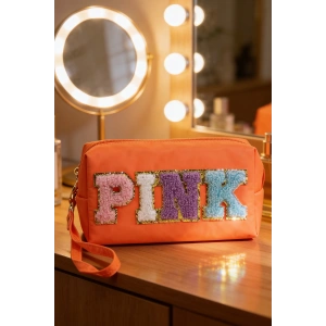 Turuncu Renk Pink Yazılı Makyaj Çantası