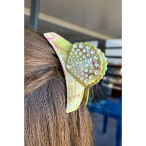 Yeşil Renk Deniz Kabuğu Figürlü Taş Detaylı Kemik Mandal Toka