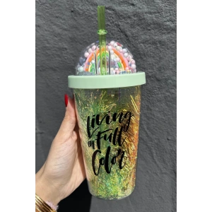 Yeşil Renk Gökkuşağı Figürlü Pipetli Işıklı Suluk