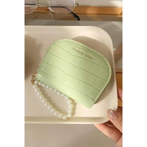 Yeşil Renk İnci Detaylı Deri Kadın Cüzdan/Kartlık