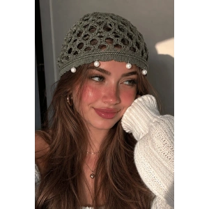 Yeşil Renk İnci Detaylı Örgü Saç Bandana