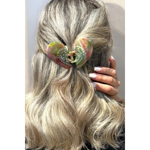 Yeşil Renk Kelebek Figürlü Taş Detaylı Kemik Mandal Toka