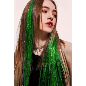 Yeşil Renk Simli Yan Postiş Hair Tinsel Shiny Hair (50 Cm)
