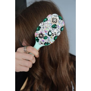Yeşil Renk Taş Ve İnci Detaylı Saç Tarama Fırçası/ Tarak