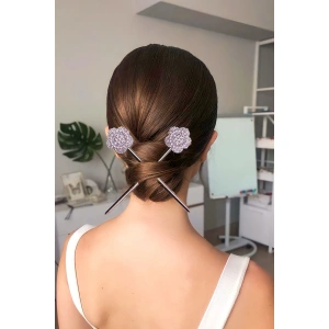 Gümüş Renk İnci Detaylı Çiçek Figürlü İkili Topuz Tokası