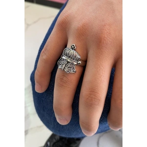 Gümüş Renk Kral Tacı Figürlü Ayarlanabilir Erkek Yüzük