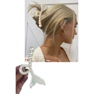 Krem Renk İncili Büyük Boy Balık Figürlü Mandal Toka