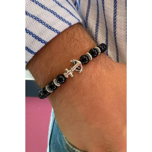 Siyah Renk Boncuk Detaylı Çapa Figürlü Erkek Bileklik