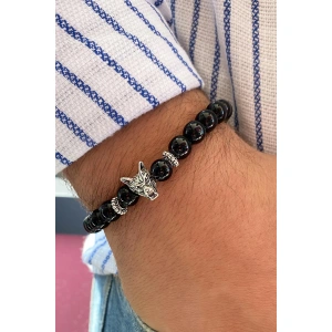 Siyah Renk Boncuk Detaylı Kurt Figürlü Erkek Bileklik