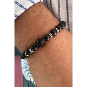 Siyah Renk Boncuk Detaylı Kuru Kafa Figürlü Erkek Bileklik