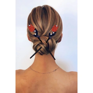 Siyah Renk Gül Figürlü Taşlı İkili Topuz Tokası