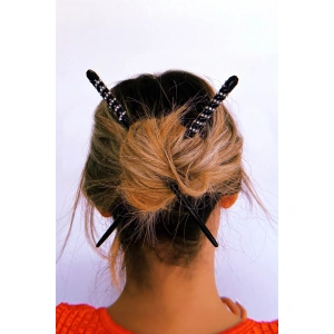 Siyah Renk Taşlı İkili Topuz Tokası